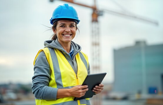 Woman engineer smiles, looks at camera on construction site. Wears safety vest, hardhat. Holds tablet. Construction manager stands nearby. Building in progress. Outdoor portrait. Professional woman