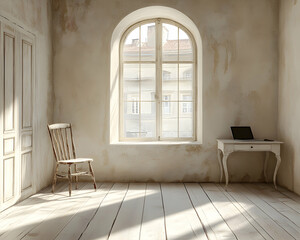 Serene minimalist room interior; rustic chair, laptop on antique desk, large arched window with sunlit view. Perfect for blogs, home decor, or peaceful workspace concepts.