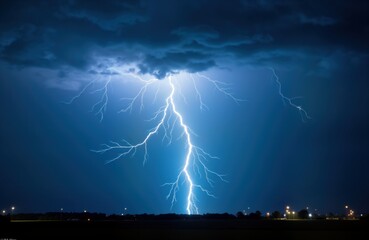Dramatic lightning strike illuminates dark night sky. Powerful blue bolt pierces through stormy clouds. Sky darkens with thunderclouds. Flat landscape with silhouettes of trees, lights in distance.