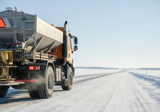 Orange snowplow truck spreading de-icing salt and sand mixture on a slippery winter road