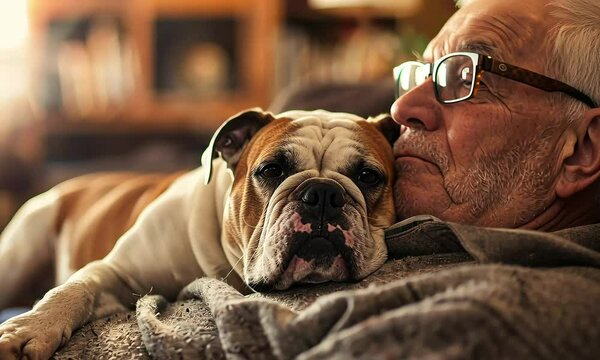 Unbreakable Bond: An elderly man with glasses and his loyal bulldog find comfort in each other's presence, a tender moment of friendship and love captured in a warm embrace.