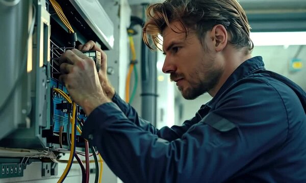 Heat pump or HVAC technician professional installing or repairing air conditioning unit indoors