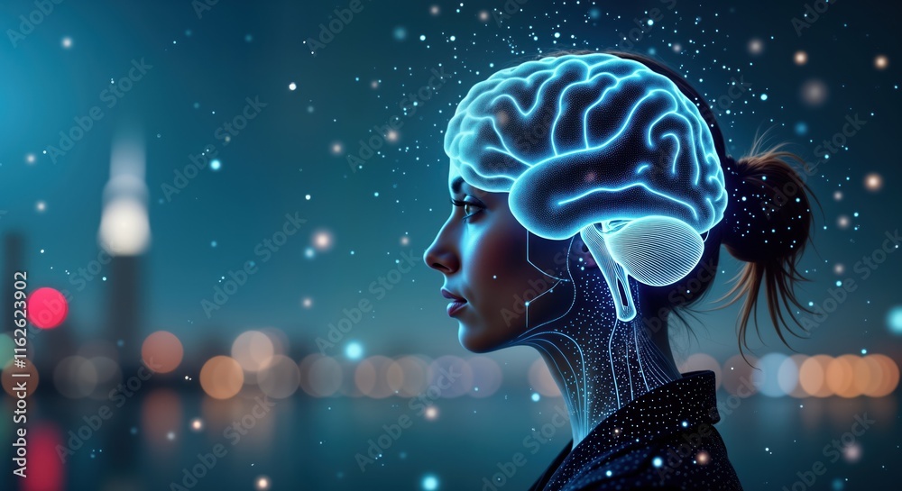 Aufkleber businesswoman in profile view against abstract city lights background. ai neural network connections