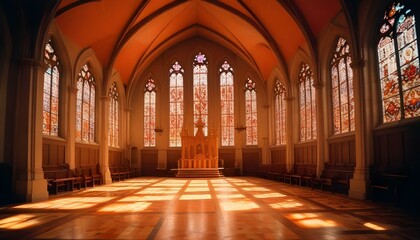 Fototapeta premium Un colorido interior de vidrieras de una antigua iglesia o catedral, con la luz del sol entrando por las ventanas y proyectando vibrantes patrones de luz en las paredes y el suelo