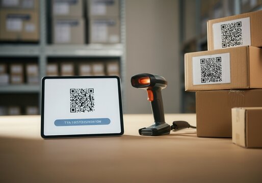 Qr code scanner and digital tablet displaying tracking information streamline logistics in modern warehouse