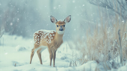 Fawn in a snowy landscape during a gentle snowfall in winter