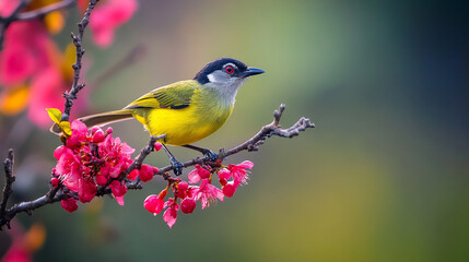 Fototapeta premium Colorful bird perched on blooming cherry blossoms in a serene garden setting