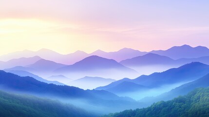 Fototapeta premium Layered mountain silhouette at sunrise with pastel glow, misty landscape featuring green and blue ridges fading into golden sky, ideal for peaceful nature design and background visuals