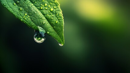 A single dewdrop on a leaf against a blurred green background effectively captures the simplicity and beauty of nature, emphasizing freshness and tranquility.