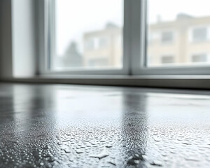 Water droplets on a windowsill, reflecting a blurred city view. Perfect for backgrounds or concepts related to weather, home, or serenity.