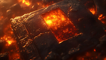 Fiery book, burning pages, glowing embers, hellish tome, infernal manuscript, dark fantasy, fiery abyss, volcanic book, magma core, ancient text, fiery inscription.