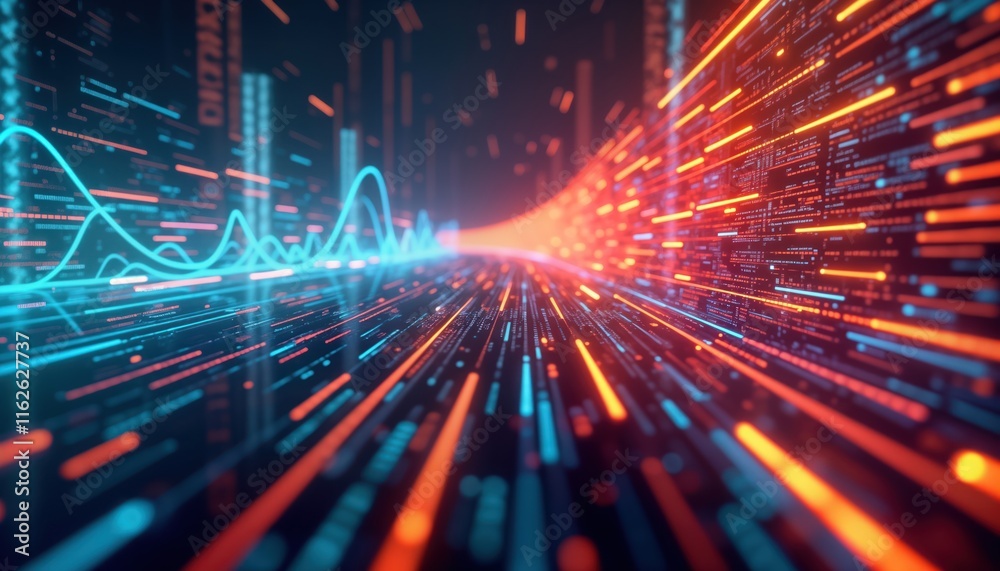 Poster Digital abstract background displays fast data flow. Dynamic lines of code, glowing graphs show tech progress. Futuristic tech illustration represents network digital storage. Modern tech design for