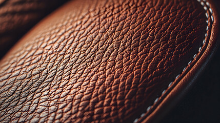 Close-up macro shot of rich brown leather texture, showcasing intricate grain and stitching detail. Ideal for luxury, fashion, or design projects.