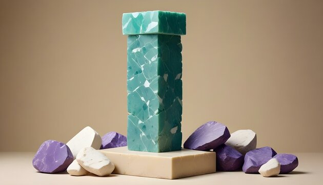 Una columna de piedra verde con un bloque de piedra violeta y blanco encima, sobre un fondo beige
