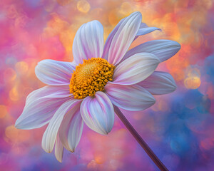 Delicate pink and white dahlia blossom against a vibrant, abstract sunset backdrop.  Perfect for greeting cards, websites, or social media.