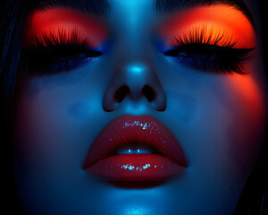 Close-up of a woman's face, vibrant red eyeshadow and lipstick, illuminated by blue and orange lighting.  Dramatic makeup and intense gaze.
