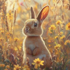 Adorable Rabbit in Colorful Flower Field Background