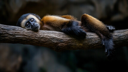 Obraz premium Monkey rests peacefully on a branch in a serene natural habitat during the day