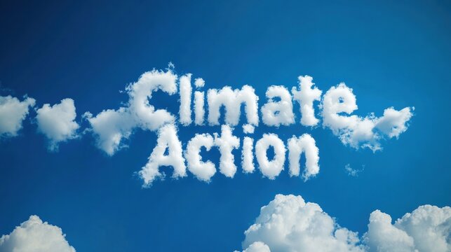 Climate action concept with cloud text in a bright blue sky for environmental awareness campaigns