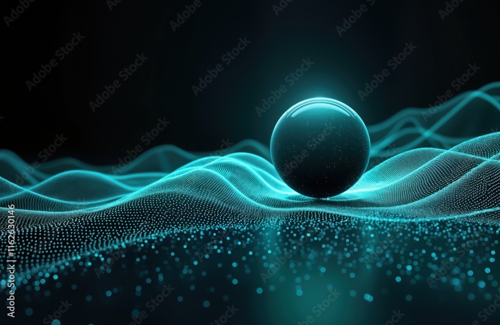 Poster abstract sphere rests on rippling turquoise wave lines. 3d sphere, flowing light lines form digital 