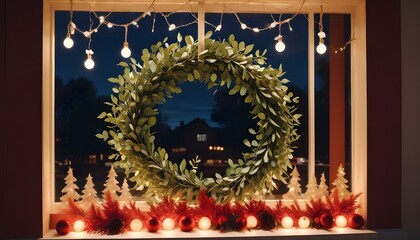 Un acogedor escaparate navide&ntilde;o con una corona, adornos navide&ntilde;os y un ambiente c&aacute;lido y festivo