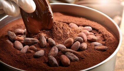 カカオ豆から手作りでチョコレートを作る過程をクローズアップで捉えた写真。すりつぶされたカカオマスが溶ける瞬間を強調。