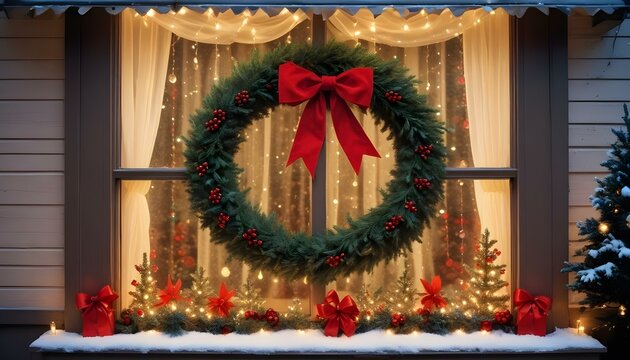 Un acogedor escaparate navide&ntilde;o con una corona, adornos navide&ntilde;os y un ambiente c&aacute;lido y festivo