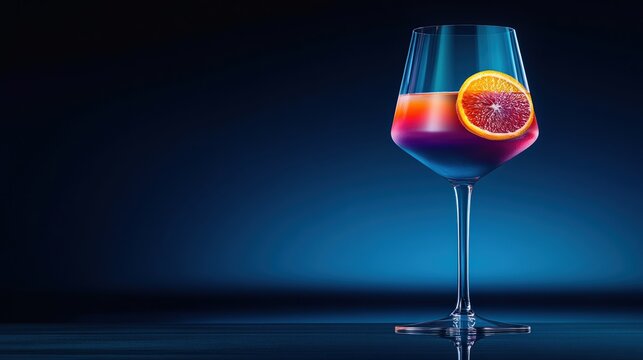 Elegant beverage with citrus garnish on vibrant blue background for bar menus and advertisements