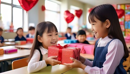 カラフルな紙で包まれた手作りのバレンタインギフトを交換して笑顔を見せる子どもたち。背景には学校の教室や可愛らしい装飾が映っている。