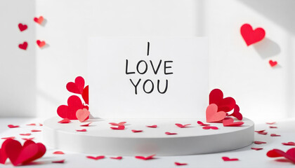 Simple white card with "I Love You" surrounded by scattered red paper hearts on bright surface conveys love, minimalism, and heartfelt emotions. Concept of romance, Love and Valentine's Day