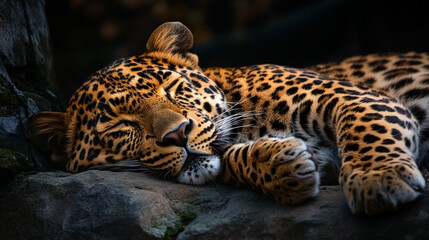 Obraz premium Leopard resting peacefully on a rock in a dimly lit environment