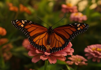 Naklejka premium Monarch Butterfly on Pink Zinnia Flower: Stunning Closeup