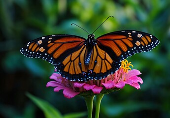 Fototapeta premium Monarch Butterfly on Pink Zinnia Flower - Closeup Nature Photography