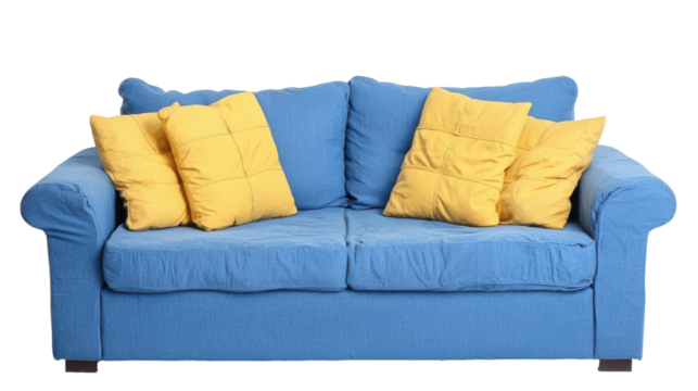 Close-up of worn blue sofa with yellow pillows in relaxation space