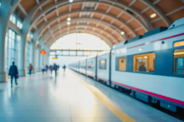 Blurred background of modern train station with passengers walking along platform, rows of empty seats and sleek train. Perfect as background for railroad travel, transportation, or urban mobility