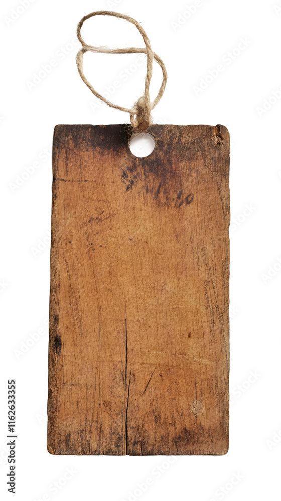 Poster grunge wooden label with string attached, isolated on transparent background, ready for customizatio