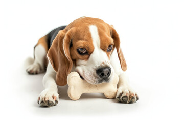 A beagle dog lying down with a bone toy in its mouth, looking playful and content. isolated on white background