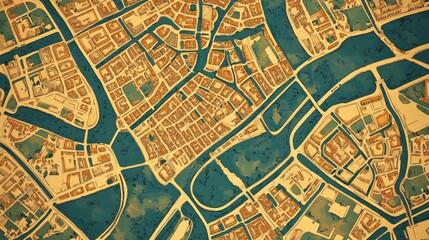 Fototapeta premium A detailed aerial view of an intricate city layout with waterways and streets, featuring a vintage style with warm earthy tones.