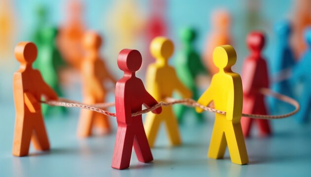 Colorful figurines pull rope together. Diverse team works collaboratively. Teamwork represents seamless integration. Success depends on cooperation. Positive dynamic strengthens shared goals.