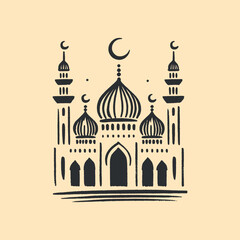Minimalistic hand drawn brush mosque in primitive artistic style