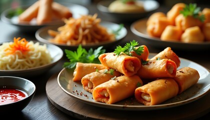 Assortment of Asian food dishes displayed on plates. Spring rolls with sauce, Asian-inspired snacks visible. Variety of dishes including noodles, appetizers served. Food presented on plates with