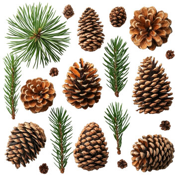 Pine cones with evergreen branches isolated on transparent background