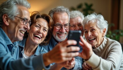 Multiracial senior citizens enjoy happy selfie session with smartphone in nursing home. Community, tech highlighted in joyful interaction. Enjoying benefits of modern tech. Elderly people cheerful,