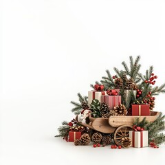 A festive cart filled with Christmas gifts, pinecones, and evergreen branches, perfect for holiday celebrations.
