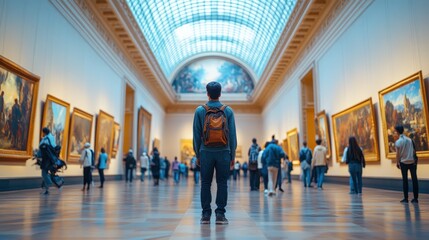 A visitor stands in an art gallery, surrounded by paintings and other people, under a beautifully lit ceiling.