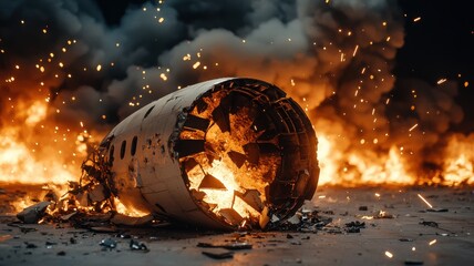 Airplane crash aftermath scene, Burning Airplane Wreckage with Flames and Sparks