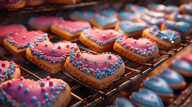 Delicious heart-shaped cookies on a cooling rack.