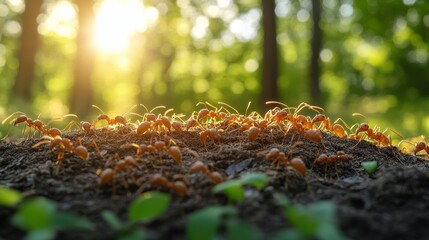 Fototapeta premium Ants working together on a log in a sunlit forest during the daytime