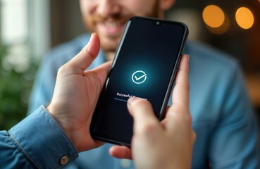 Man holds smartphone showing successful payment notification on screen. Indoor setting likely home office. Casual attire. Modern communication using wireless device. Positive transaction in progress.