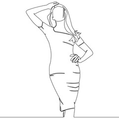 Continuous one single line drawing Female model in elegant dress posing icon vector illustration concept